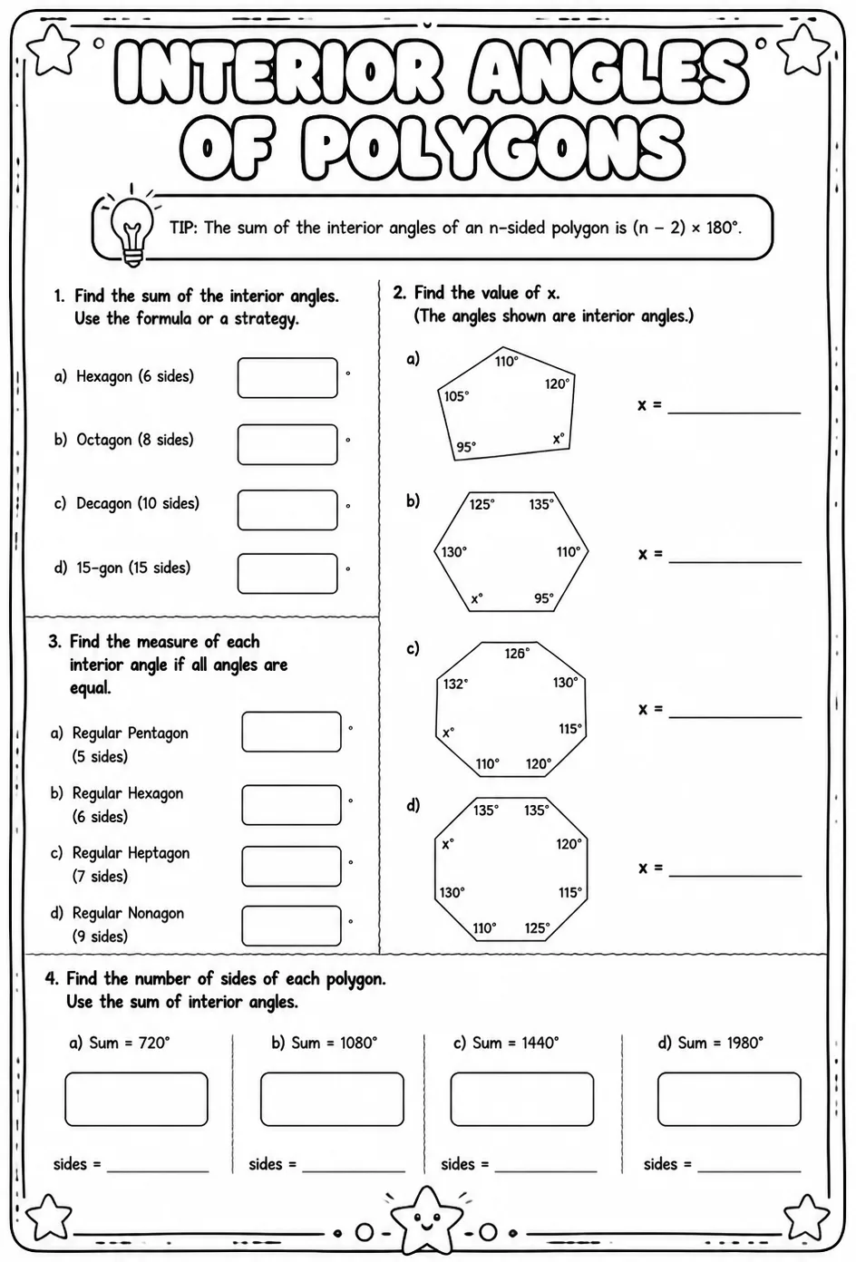 Interior angles of polygons — free printable Grade 7 math worksheet