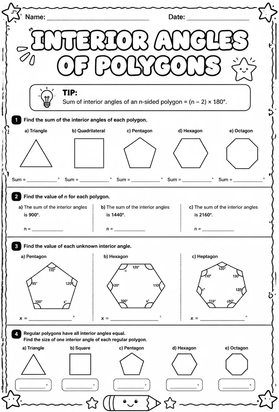 Interior angles of polygons — free printable Grade 8 math worksheet
