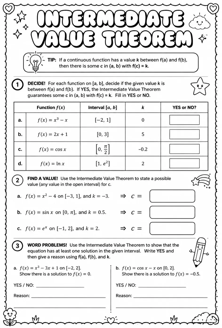 Intermediate Value Theorem — free printable Calculus math worksheet