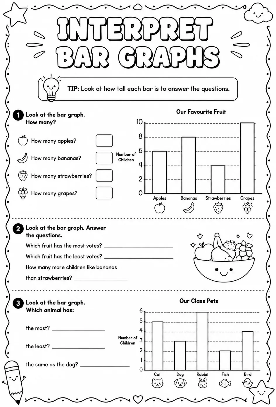 Interpret bar graphs — free printable Grade 1 math worksheet