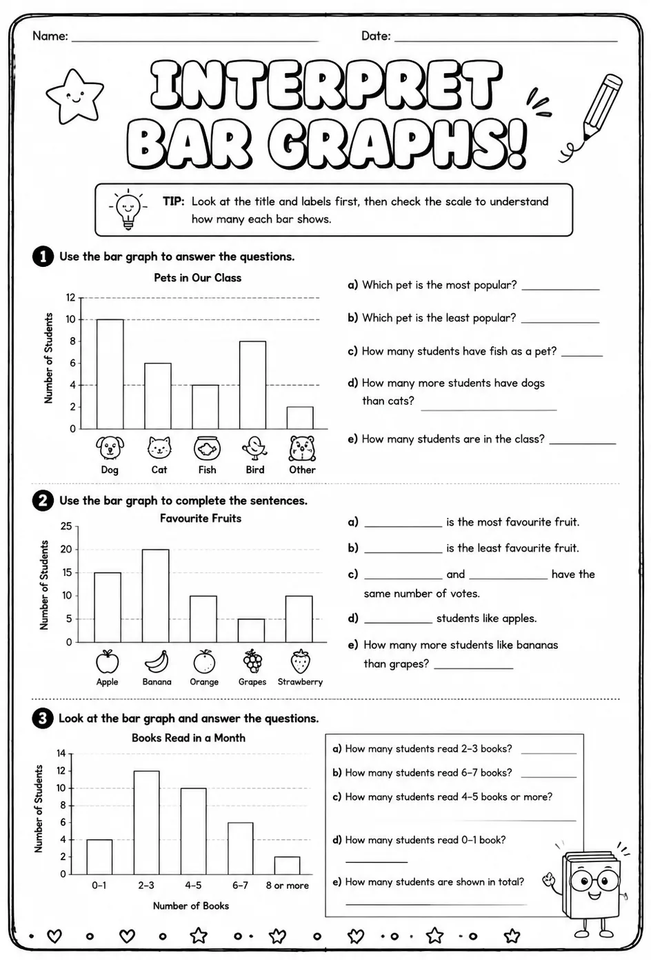 Interpret bar graphs — free printable Grade 4 math worksheet
