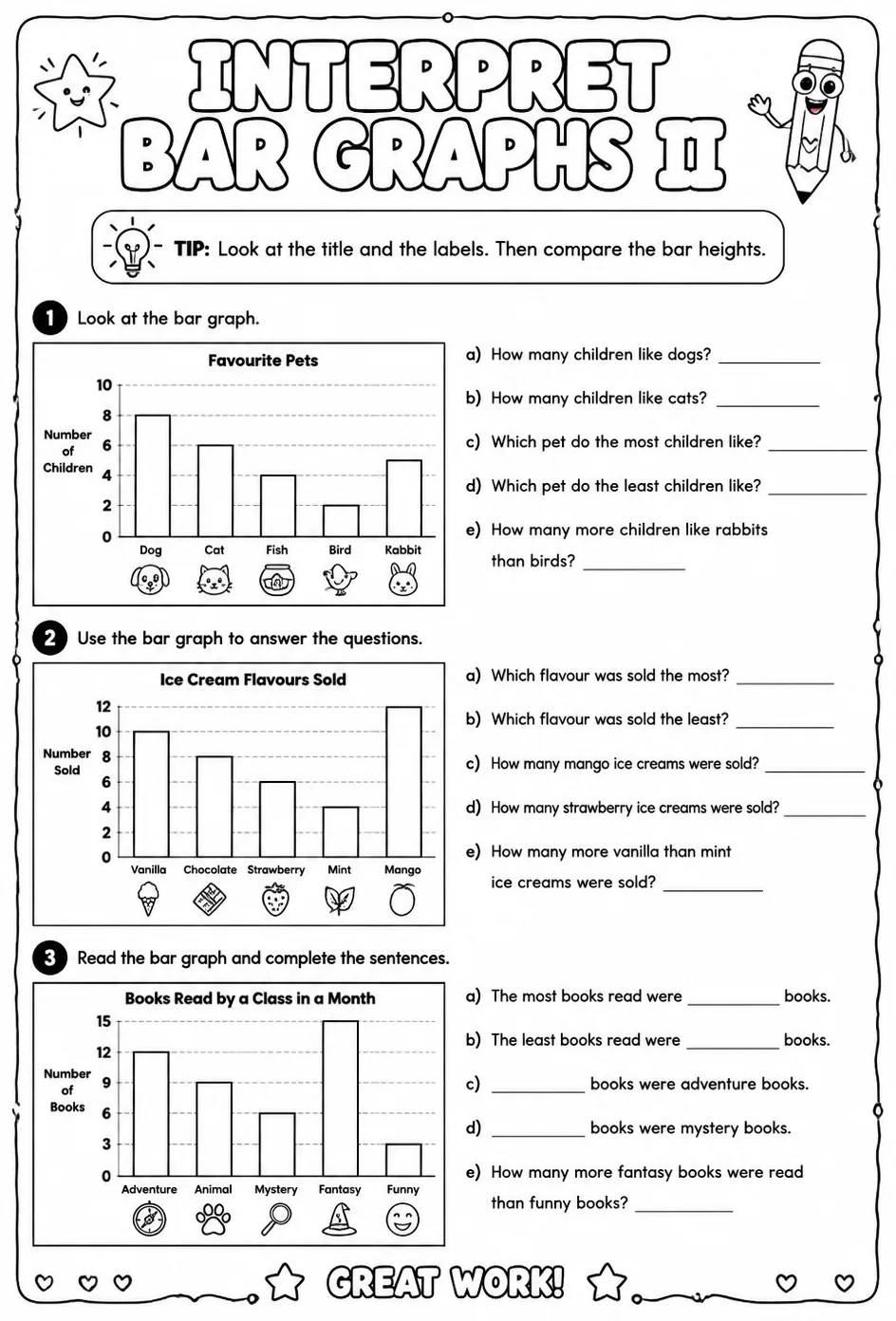 Interpret bar graphs II — free printable Grade 2 math worksheet