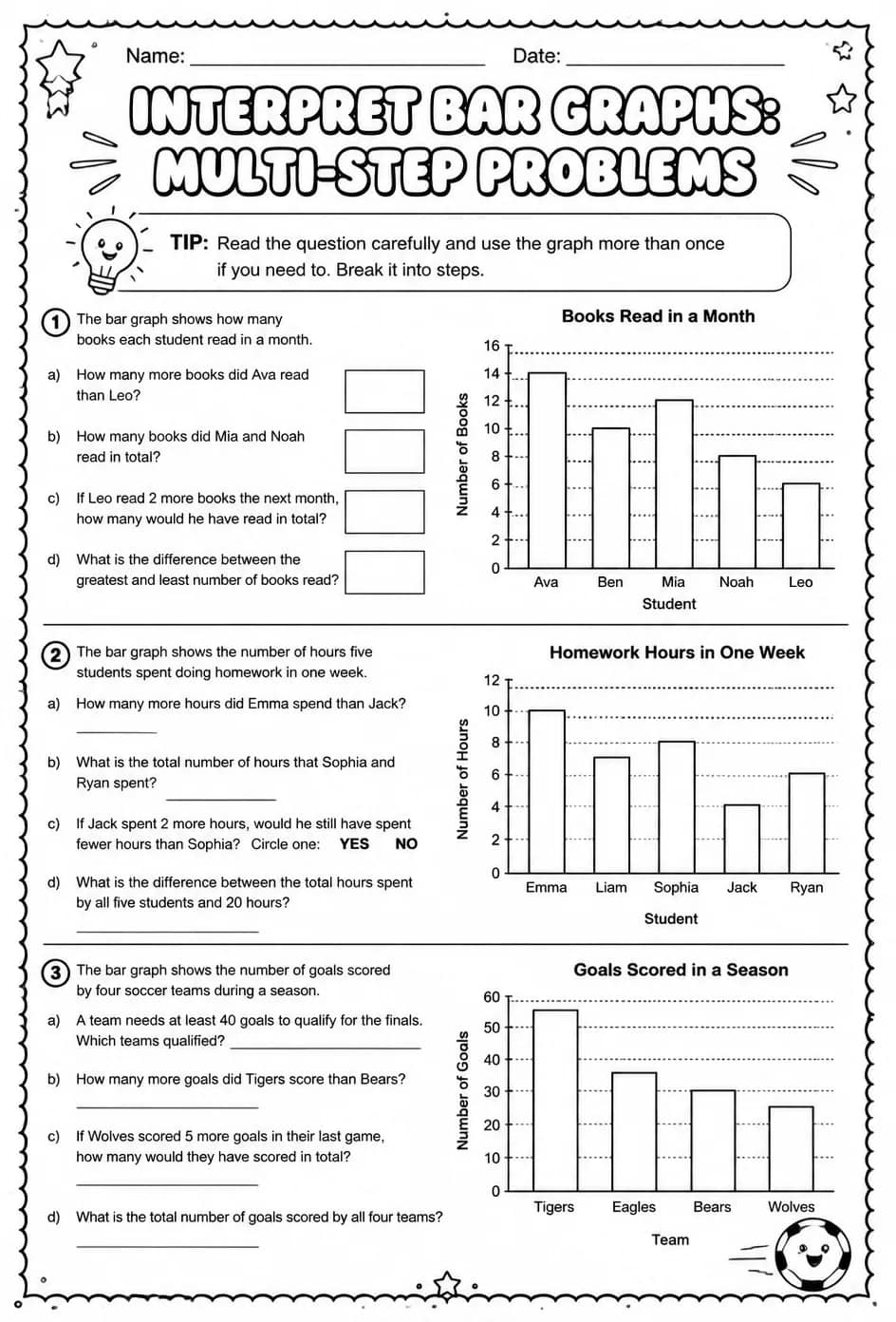 Interpret bar graphs: multi-step problems — free printable Grade 5 math worksheet