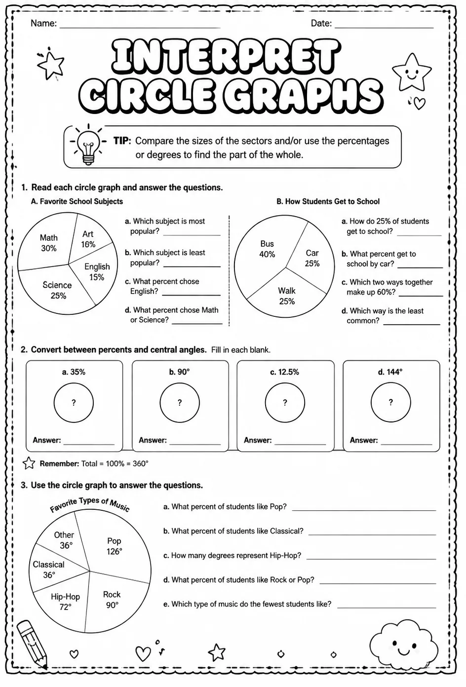 Interpret circle graphs — free printable Algebra 1 math worksheet