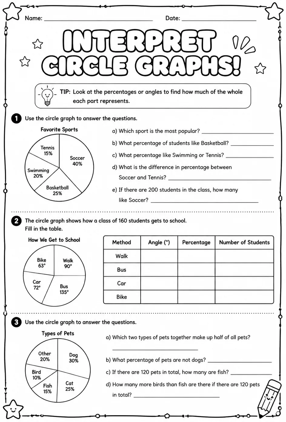 Interpret circle graphs — free printable Grade 6 math worksheet