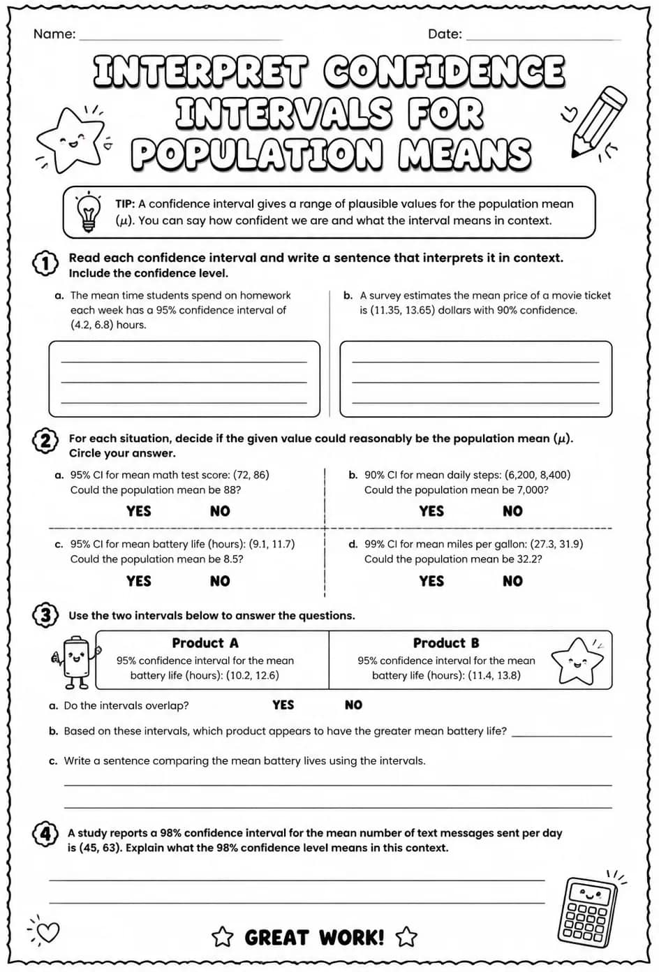 Interpret confidence intervals for population means — free printable Algebra 2 math worksheet