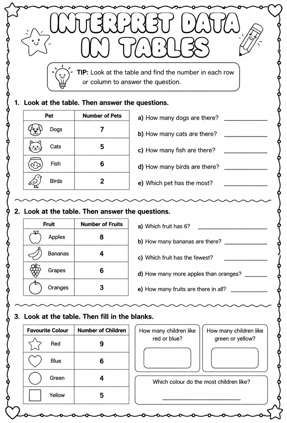 Interpret data in tables — free printable Grade 1 math worksheet