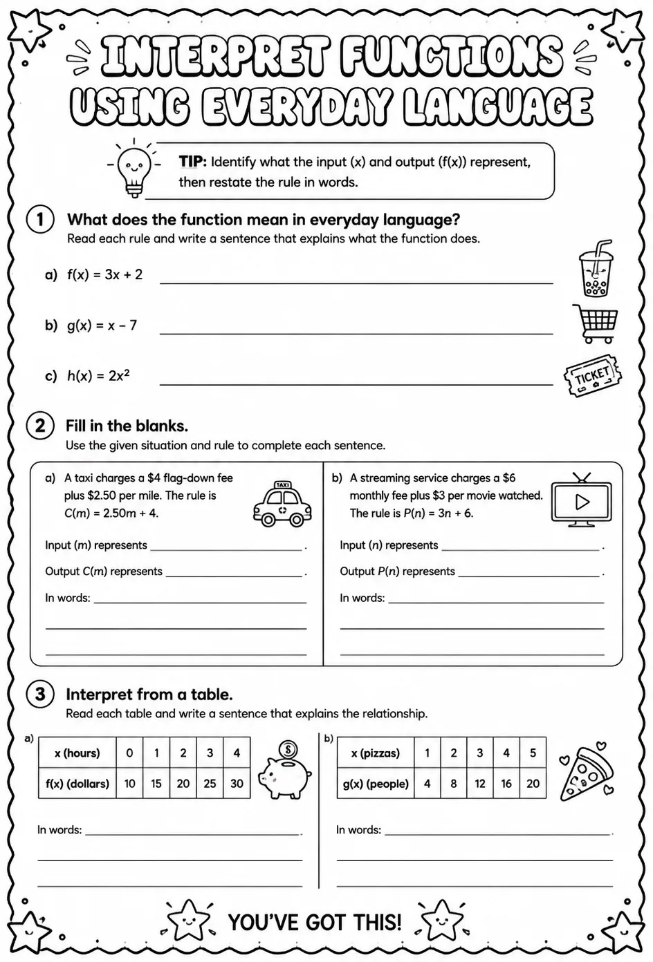 Interpret functions using everyday language — free printable Algebra 1 math worksheet
