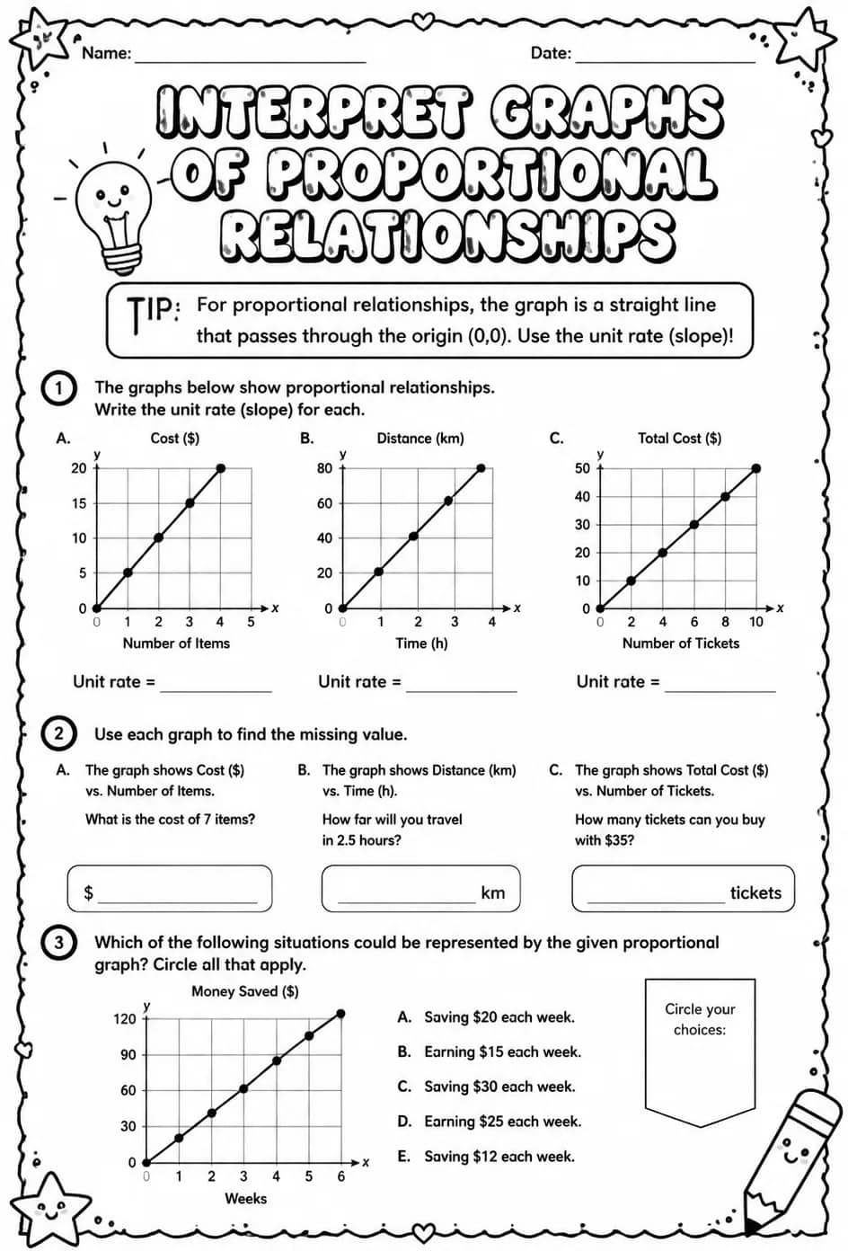 Interpret graphs of proportional relationships — free printable Grade 8 math worksheet