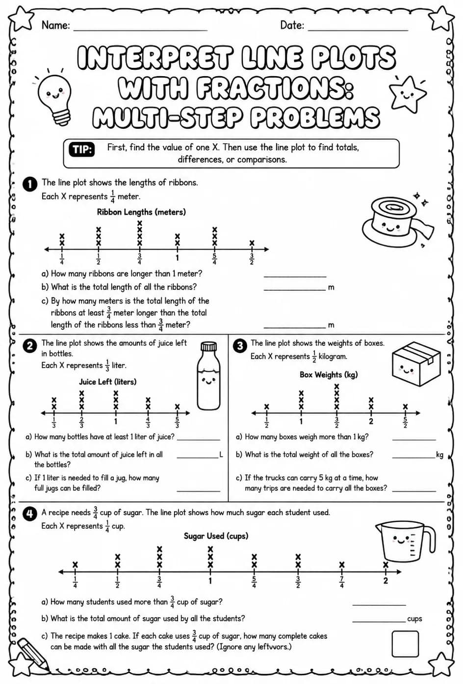 Interpret line plots with fractions: multi-step problems — free printable Grade 5 math worksheet