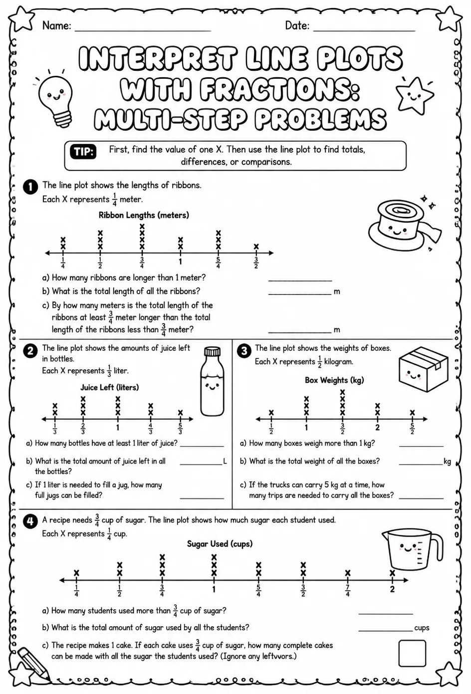 Interpret line plots with fractions: multi-step problems — free printable Grade 5 math worksheet