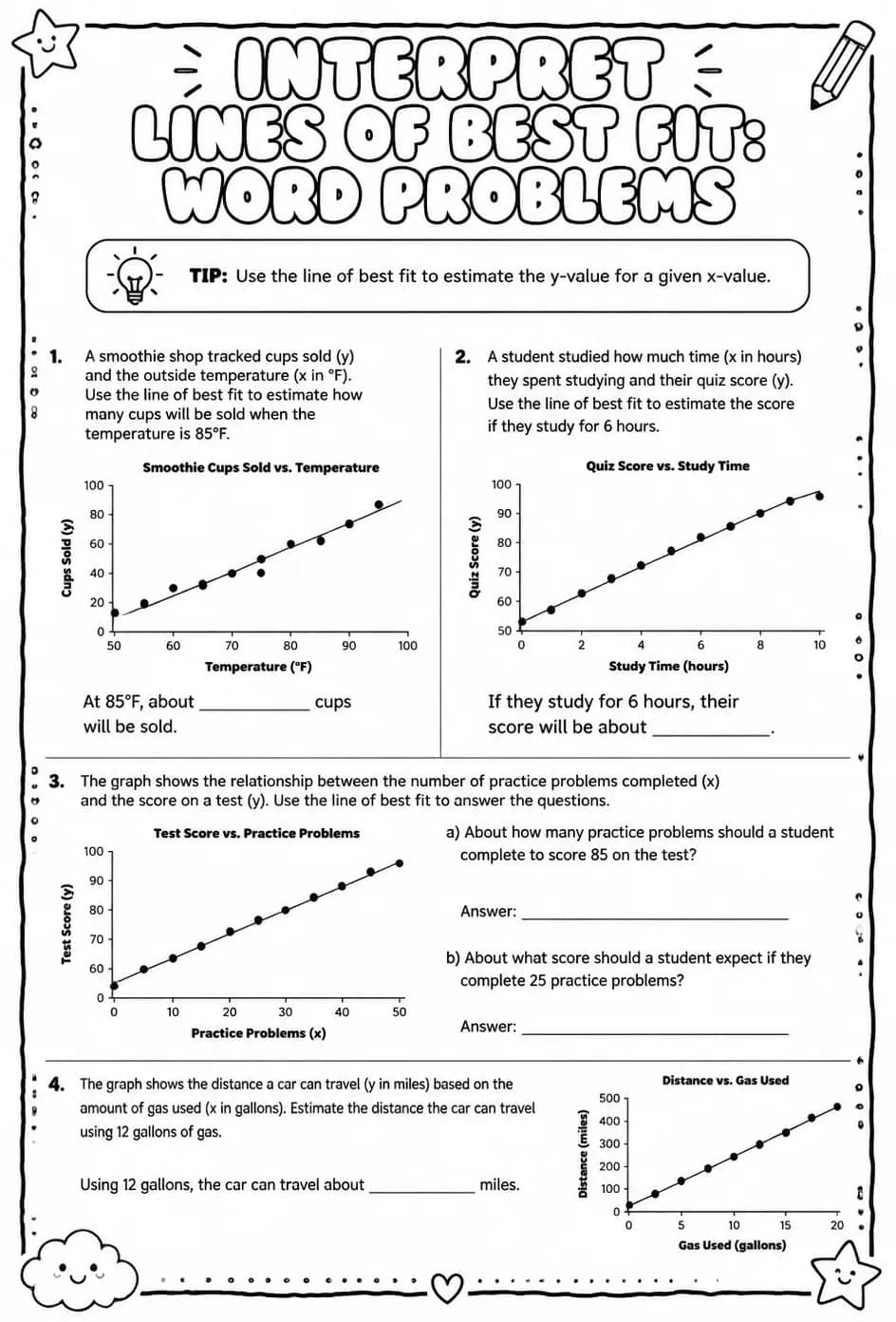 Interpret lines of best fit: word problems — free printable Algebra 1 math worksheet