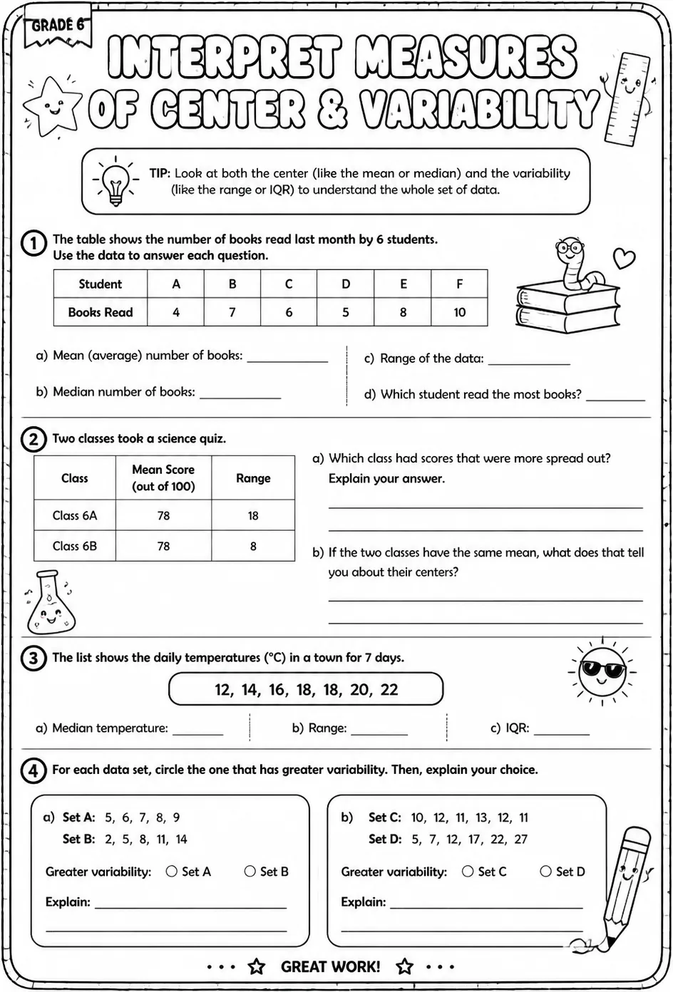 Interpret measures of center and variability — free printable Grade 6 math worksheet