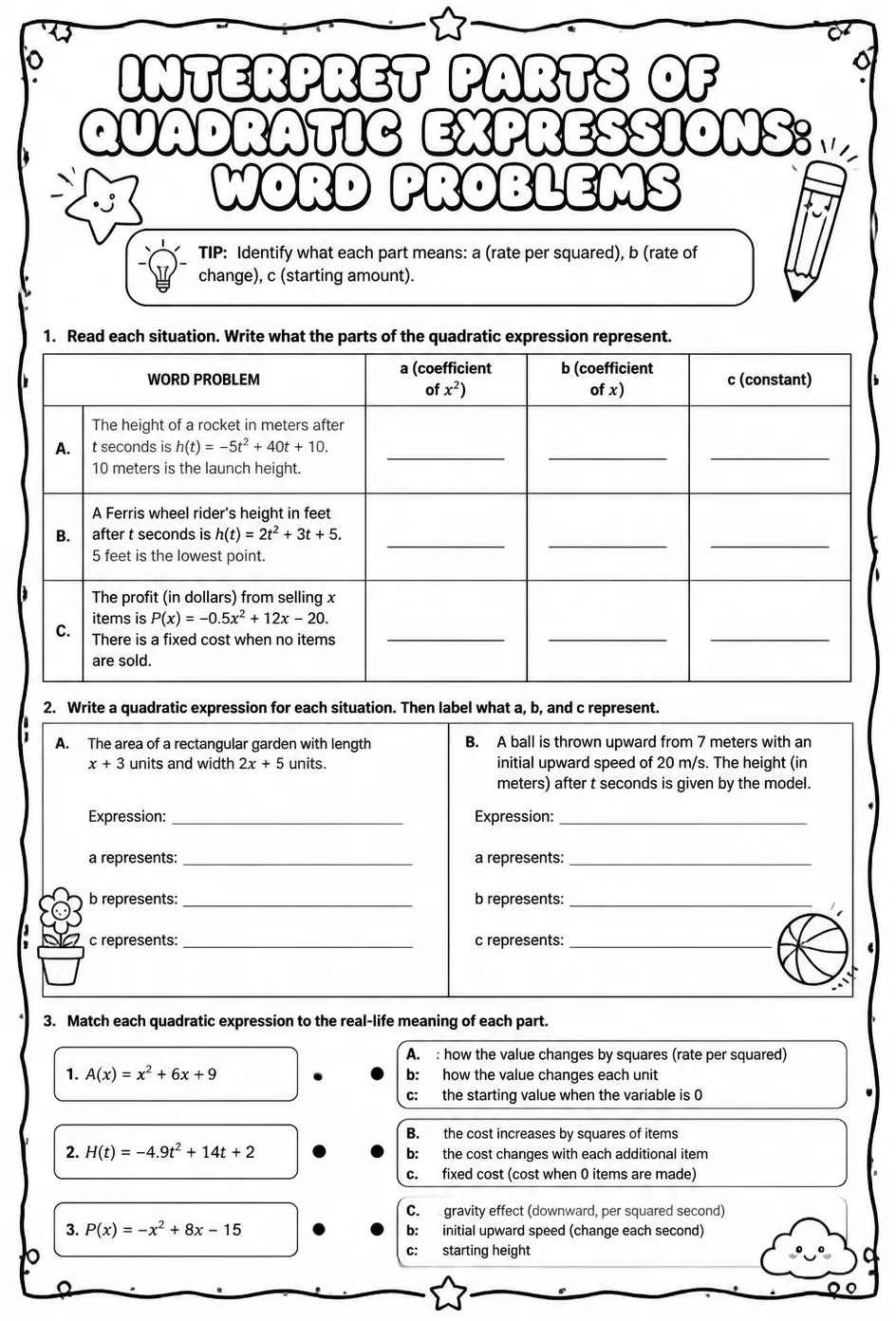 Interpret parts of quadratic expressions: word problems — free printable Algebra 1 math worksheet