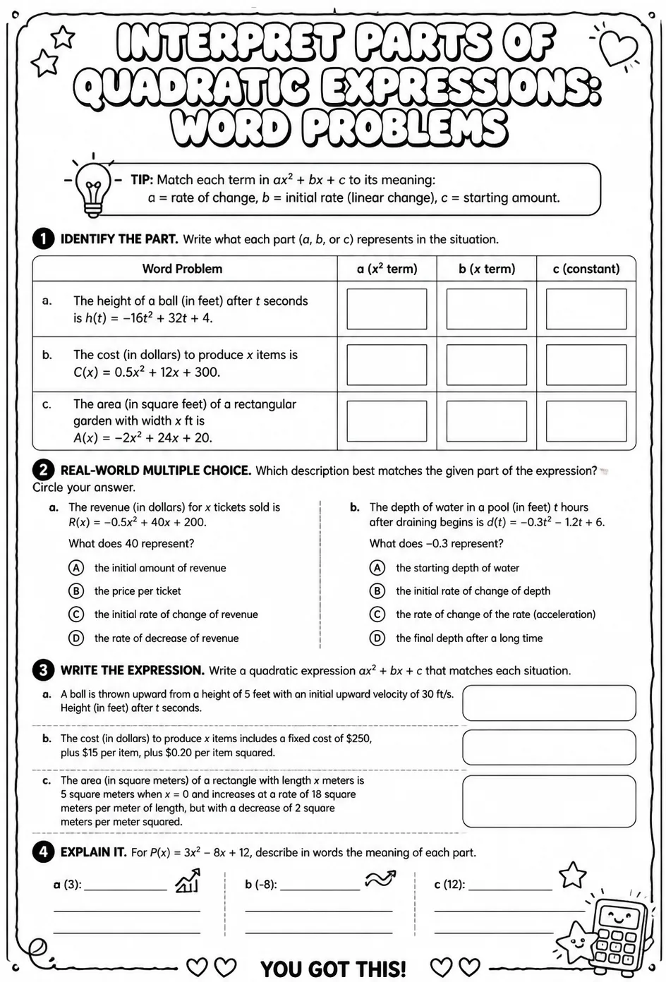 Interpret parts of quadratic expressions: word problems — free printable Algebra 2 math worksheet