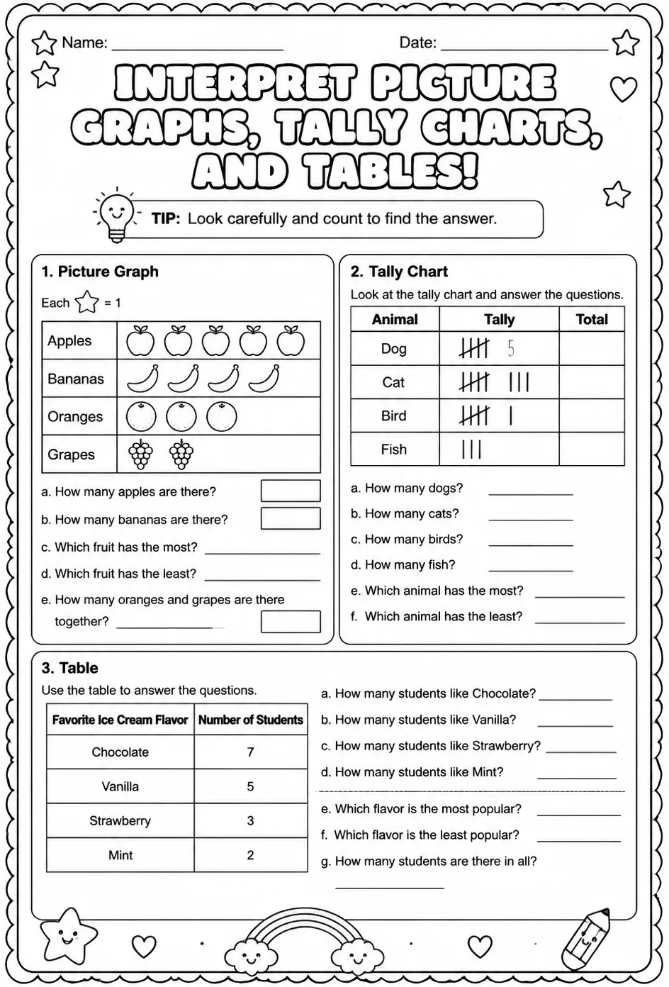 Interpret picture graphs, tally charts, and tables — free printable Grade 1 math worksheet