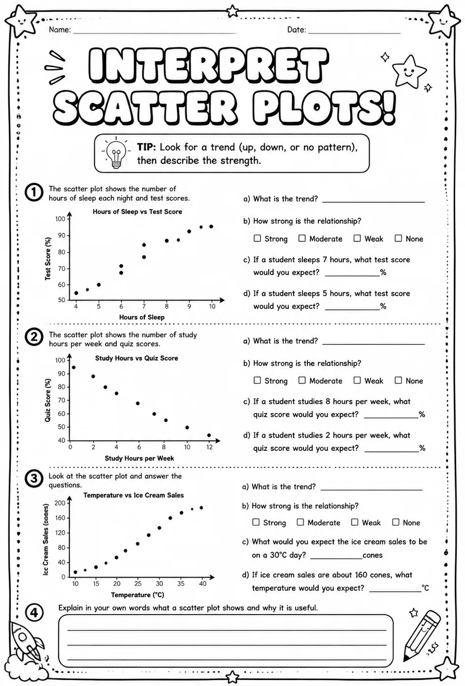 Interpret scatter plots — free printable Grade 8 math worksheet