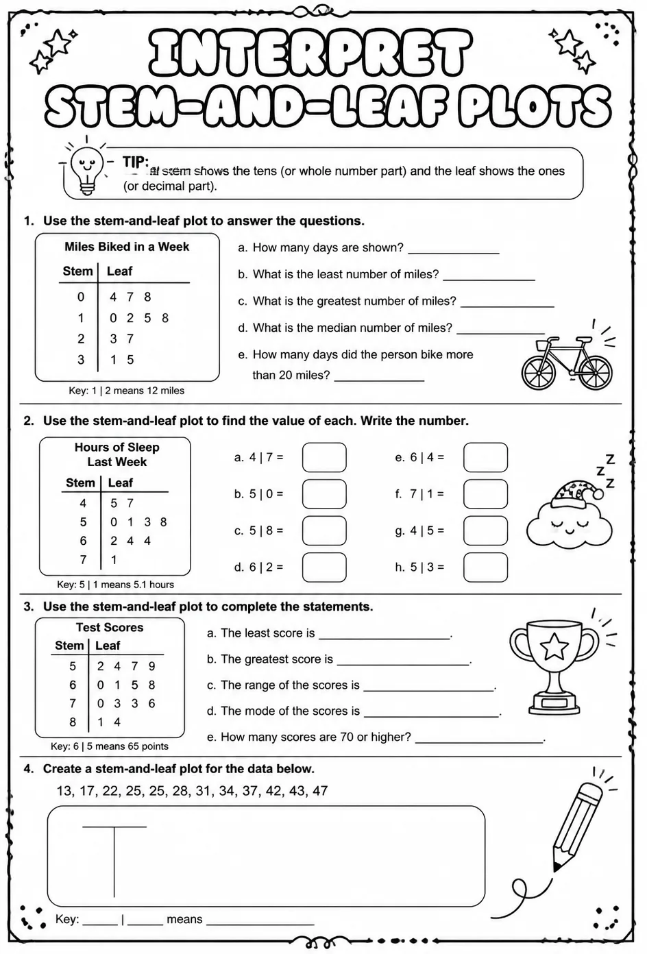 Interpret stem-and-leaf plots — free printable Algebra 1 math worksheet