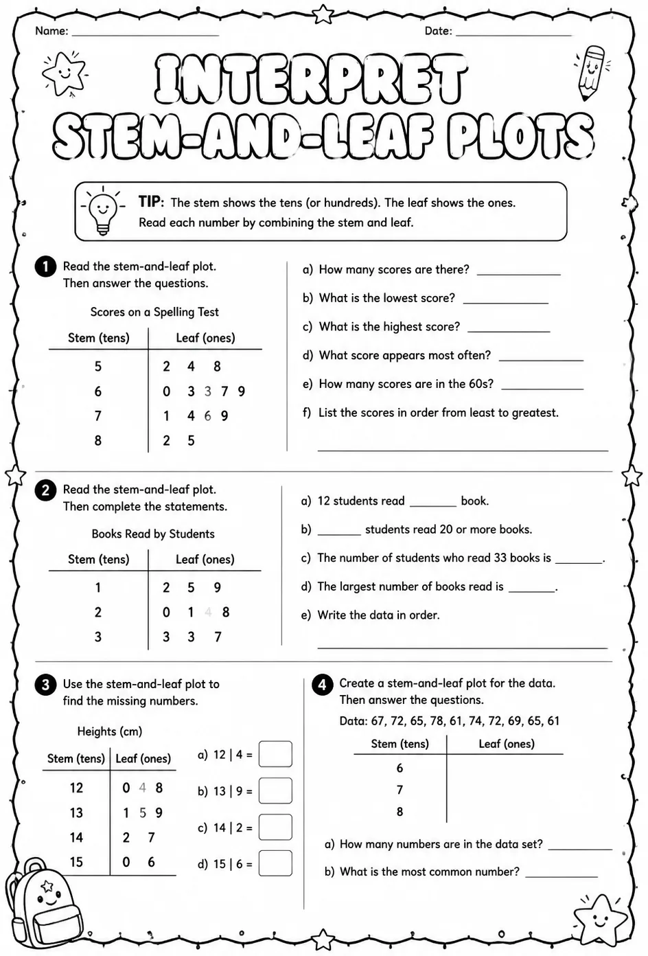 Interpret stem-and-leaf plots — free printable Grade 4 math worksheet