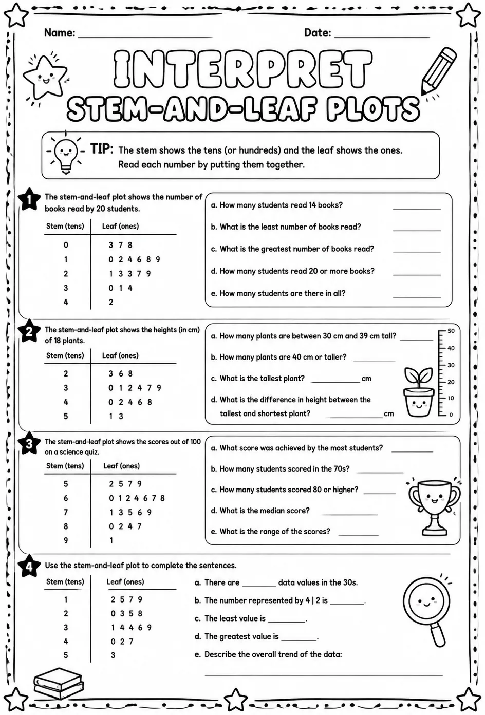Interpret stem-and-leaf plots — free printable Grade 5 math worksheet