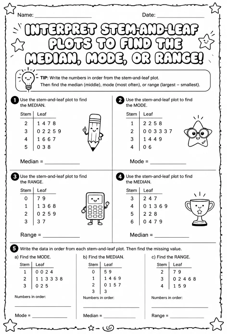 Interpret stem-and-leaf plots to find the median, mode, or range — free printable Grade 4 math worksheet