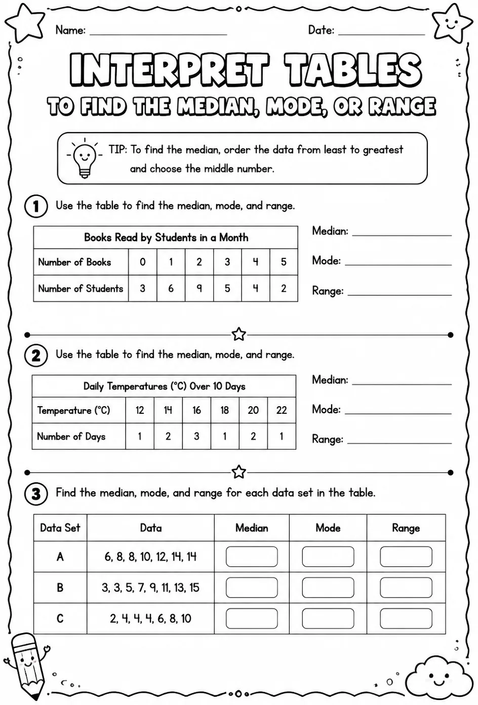 Interpret tables to find the median, mode, or range — free printable Grade 4 math worksheet