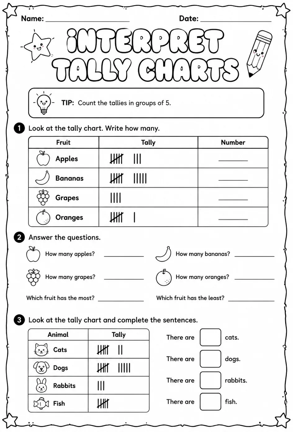 Interpret tally charts — free printable Grade 1 math worksheet