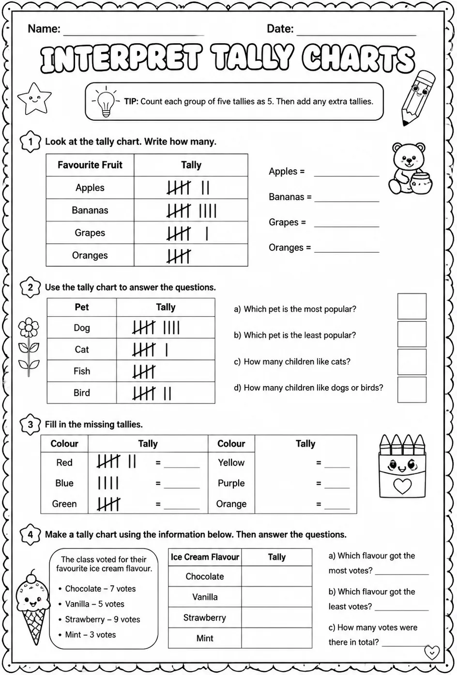 Interpret tally charts — free printable Grade 2 math worksheet
