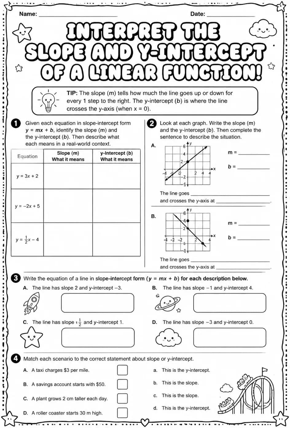 Interpret the slope and y-intercept of a linear function — free printable Algebra 1 math worksheet