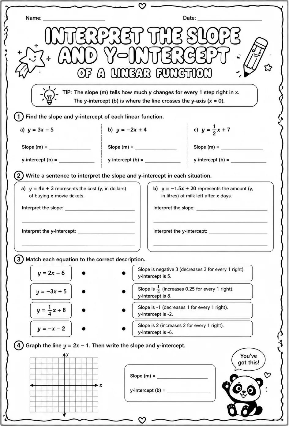 Interpret the slope and y-intercept of a linear function — free printable Grade 8 math worksheet