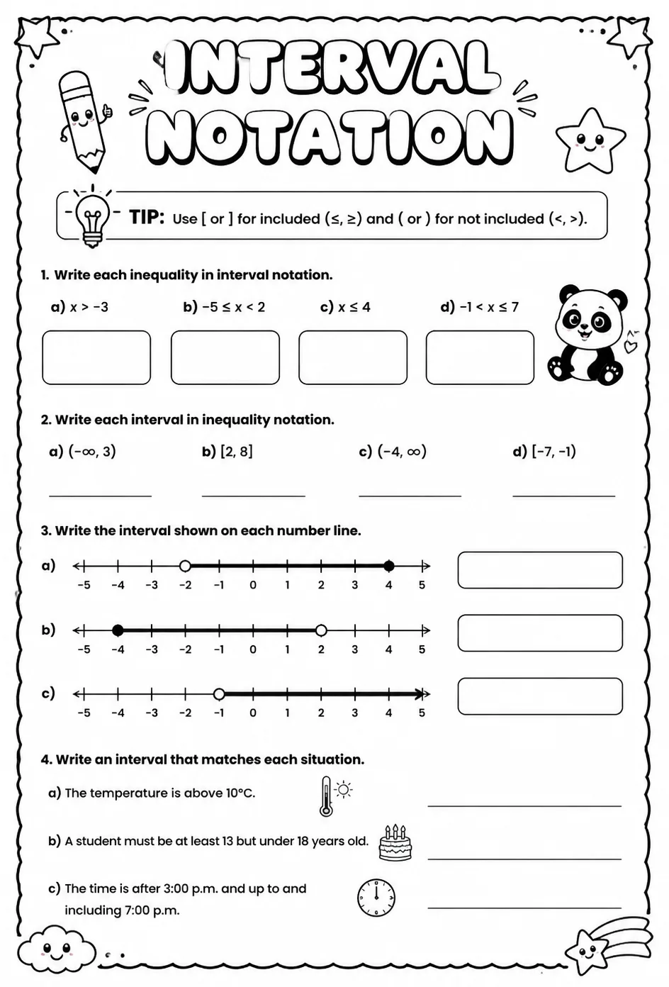 Interval notation — free printable Algebra 1 math worksheet