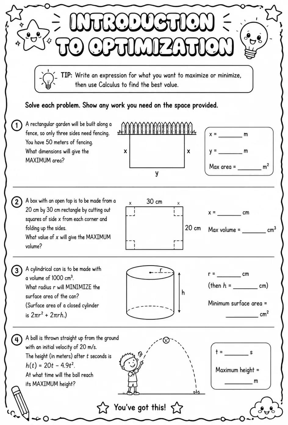 Introduction to optimization — free printable Calculus math worksheet