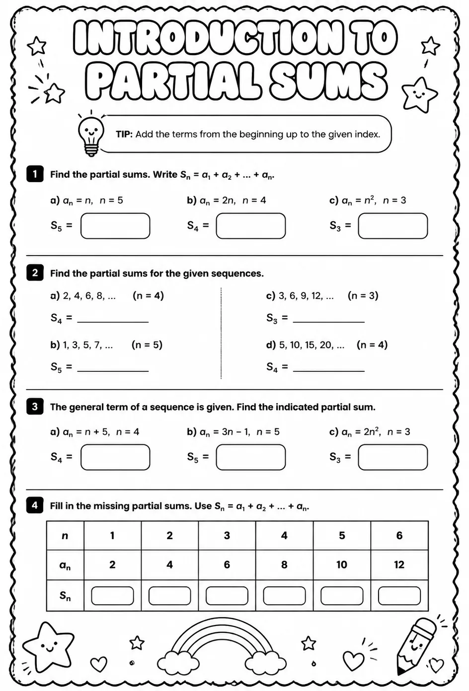 Introduction to partial sums — free printable Precalculus math worksheet