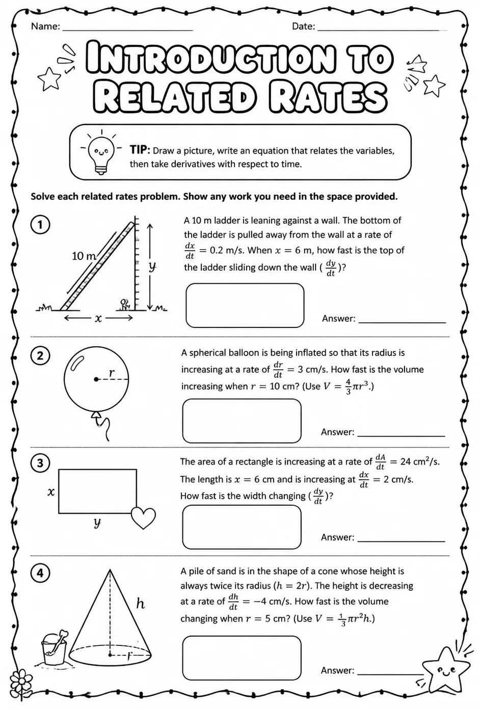Introduction to related rates — free printable Calculus math worksheet