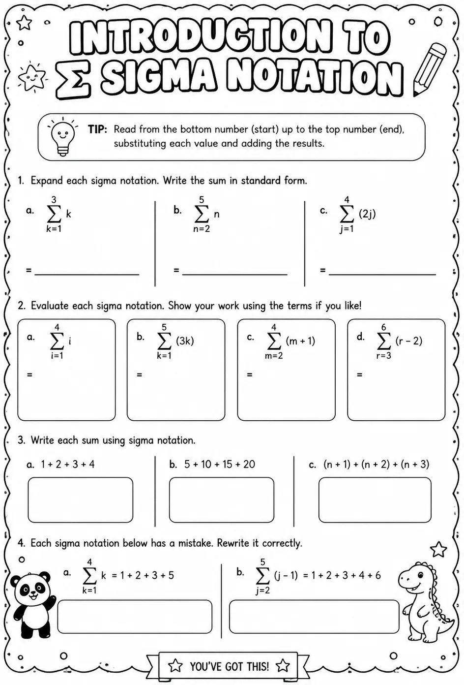 Introduction to sigma notation — free printable Precalculus math worksheet