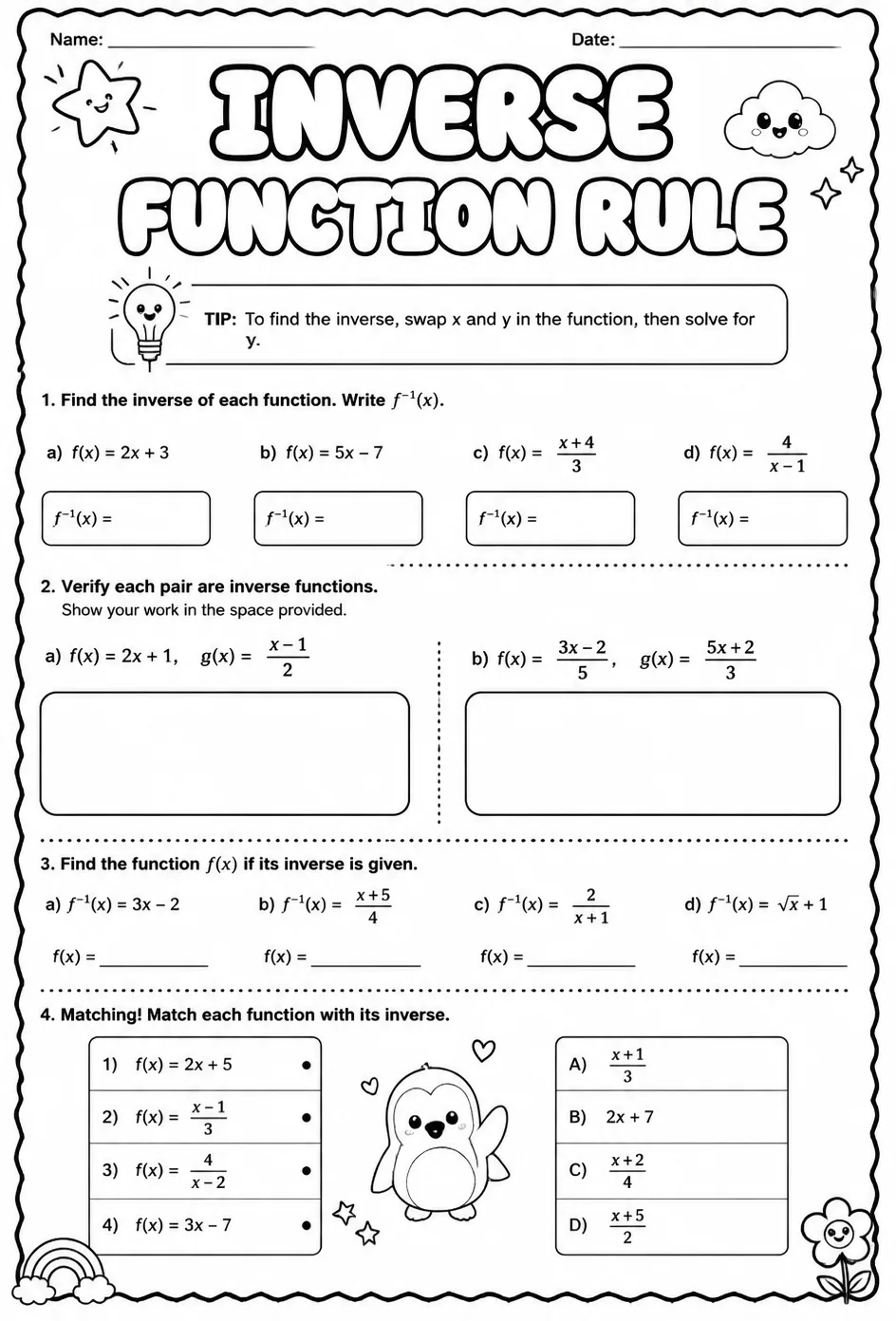 Inverse function rule — free printable Calculus math worksheet