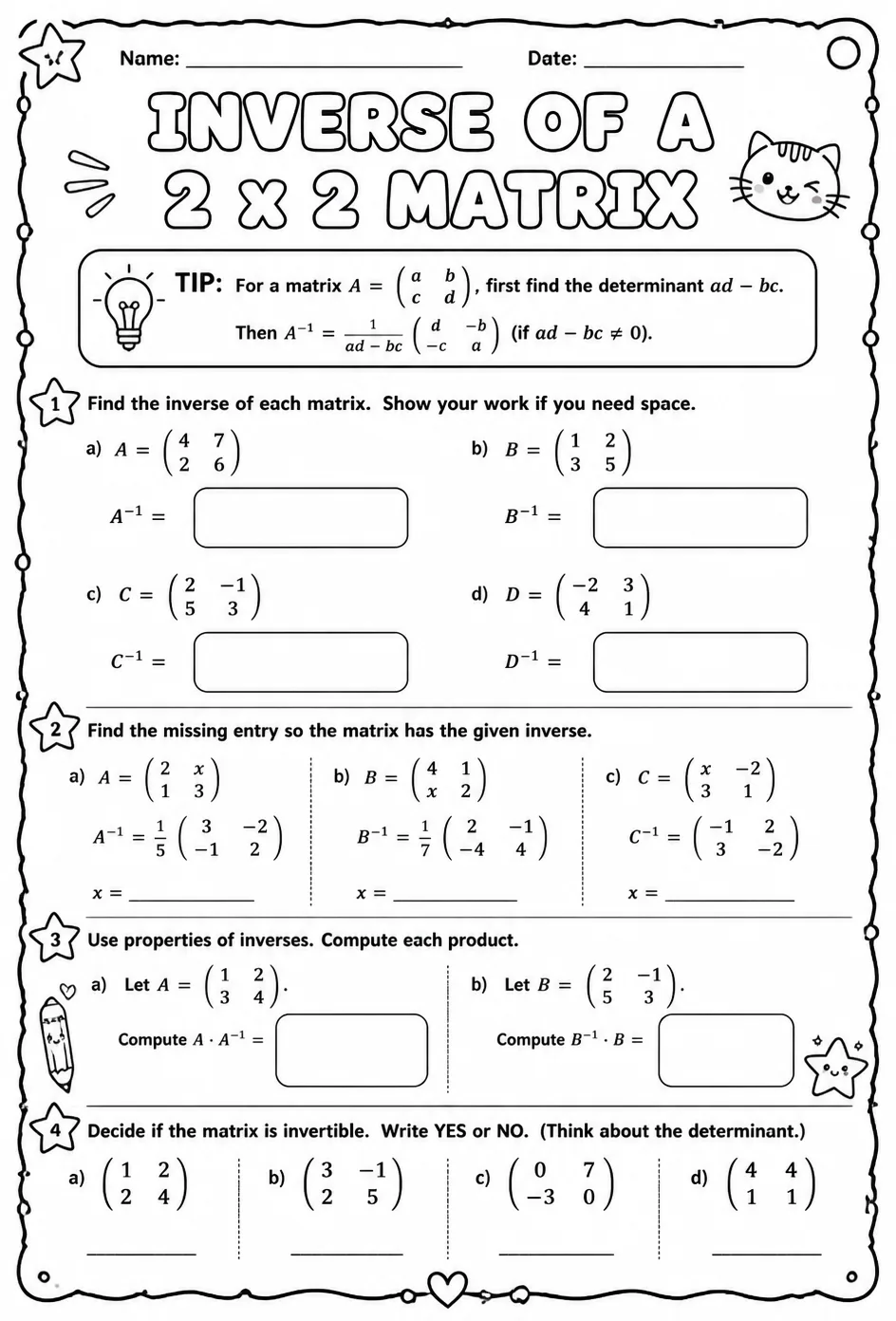Inverse of a 2 x 2 matrix — free printable Precalculus math worksheet