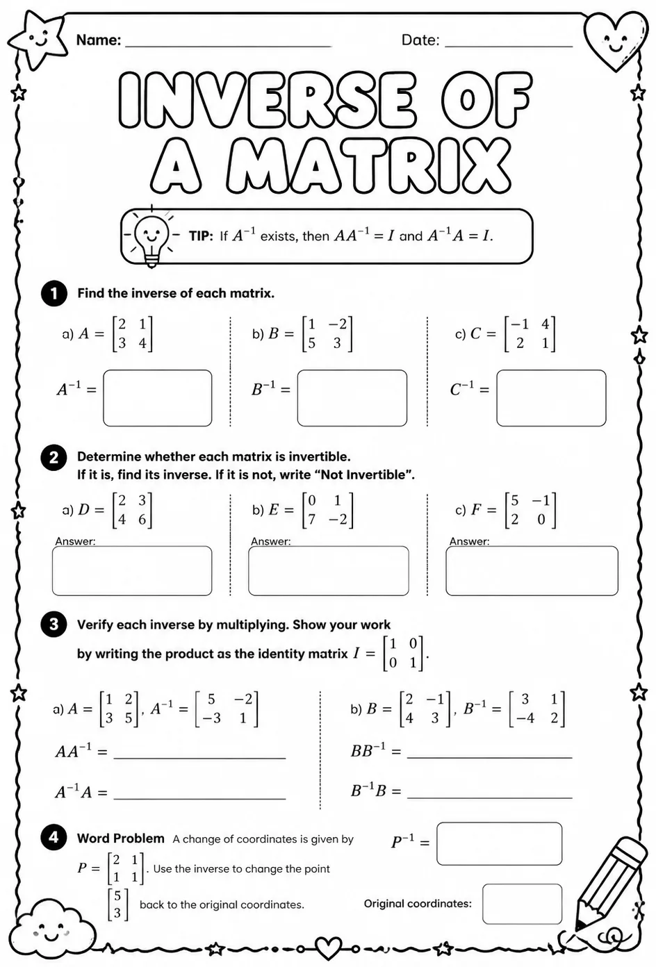 Inverse of a matrix — free printable Algebra 2 math worksheet