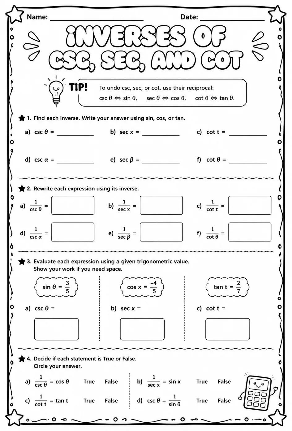 Inverses of csc, sec, and cot — free printable Algebra 2 math worksheet