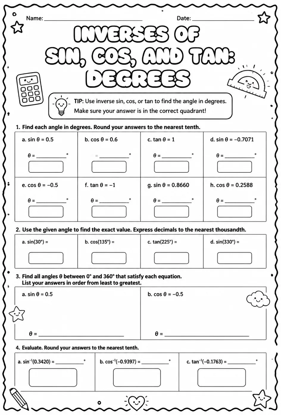 Inverses of sin, cos, and tan: degrees