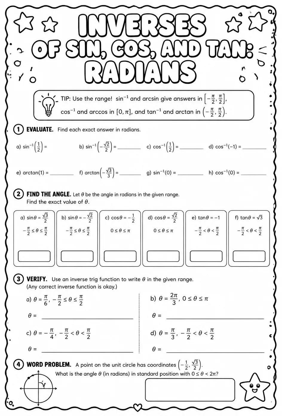 Inverses of sin, cos, and tan: radians — free printable Algebra 2 math worksheet