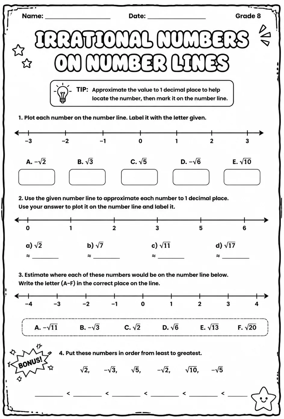 Irrational numbers on number lines — free printable Grade 8 math worksheet