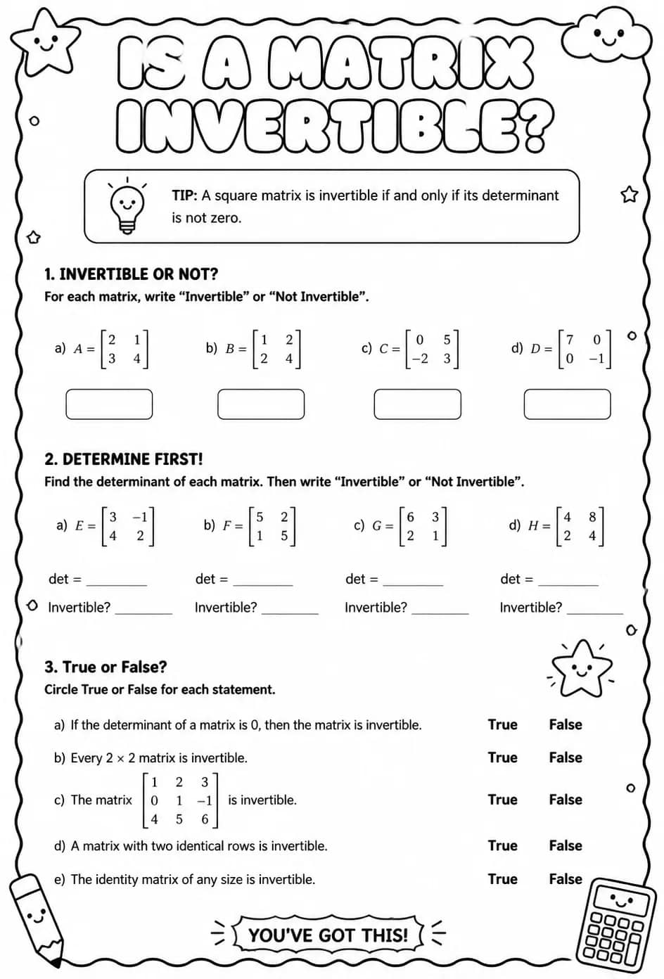 Is a matrix invertible? — free printable Algebra 2 math worksheet