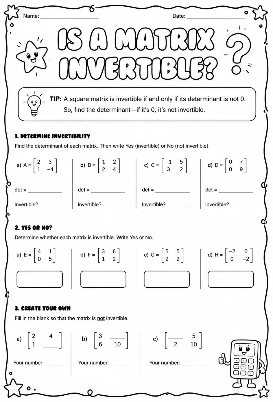 Is a matrix invertible? — free printable Precalculus math worksheet