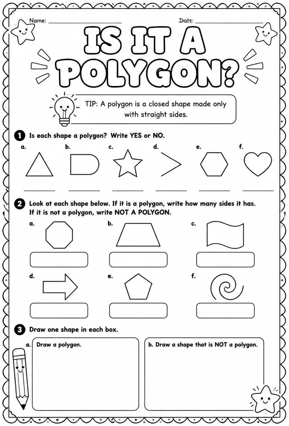 Is it a polygon? — free printable Grade 3 math worksheet