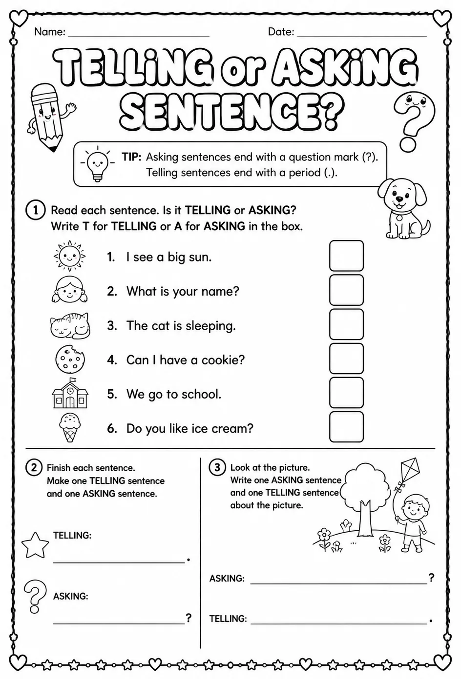 Is it a telling sentence or an asking sentence? — free printable Kindergarten English & Reading worksheet