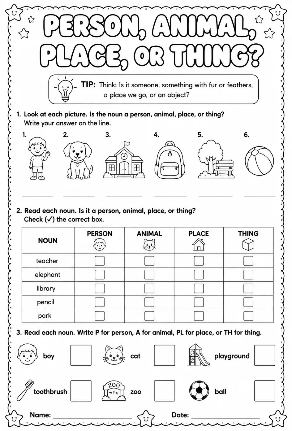 Is the noun a person, animal, place, or thing? — free printable Kindergarten English & Reading worksheet