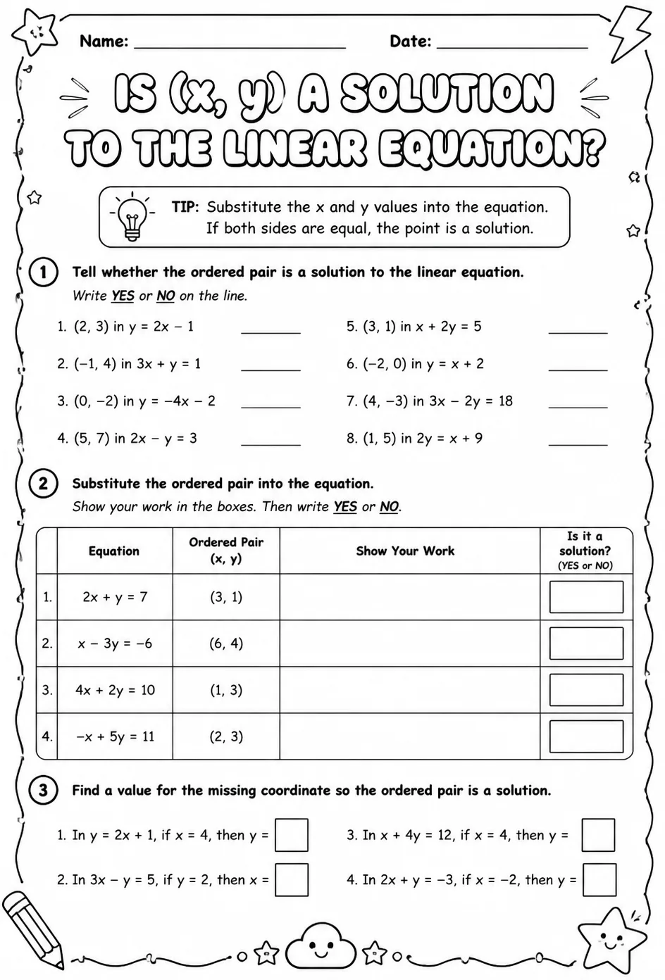 Is (x, y) a solution to the linear equation? — free printable Grade 8 math worksheet