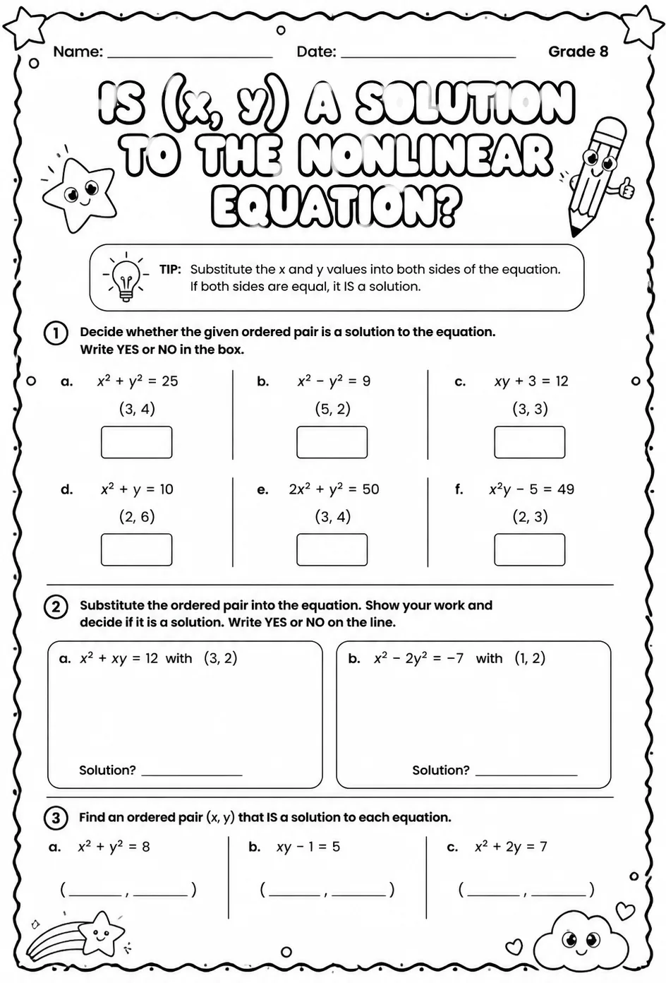 Is (x, y) a solution to the nonlinear equation? — free printable Grade 8 math worksheet