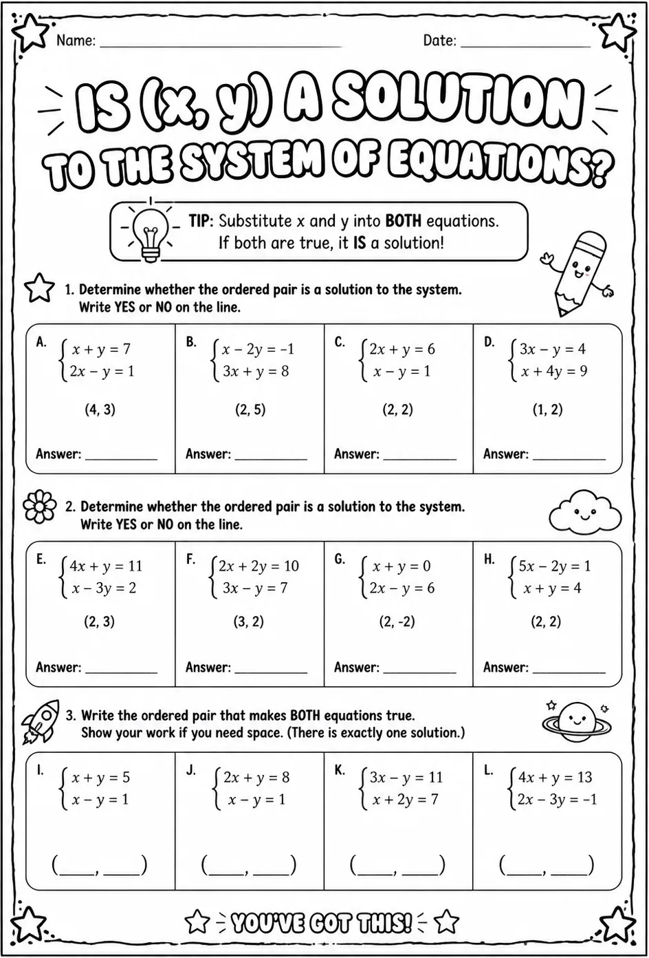 Is (x, y) a solution to the system of equations? — free printable Algebra 1 math worksheet